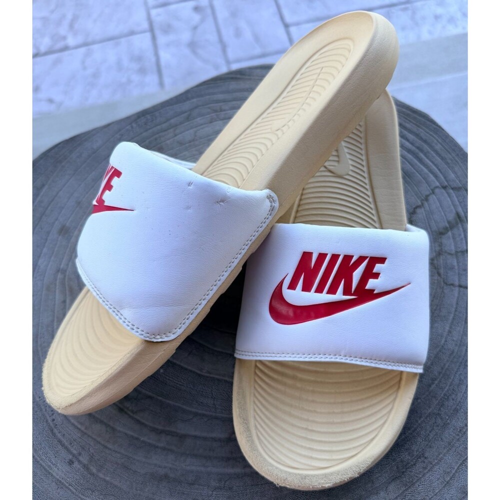 Men's Nike Victori One Slide,Summit White/Sesame/University Red Sz 11 CN9675-107